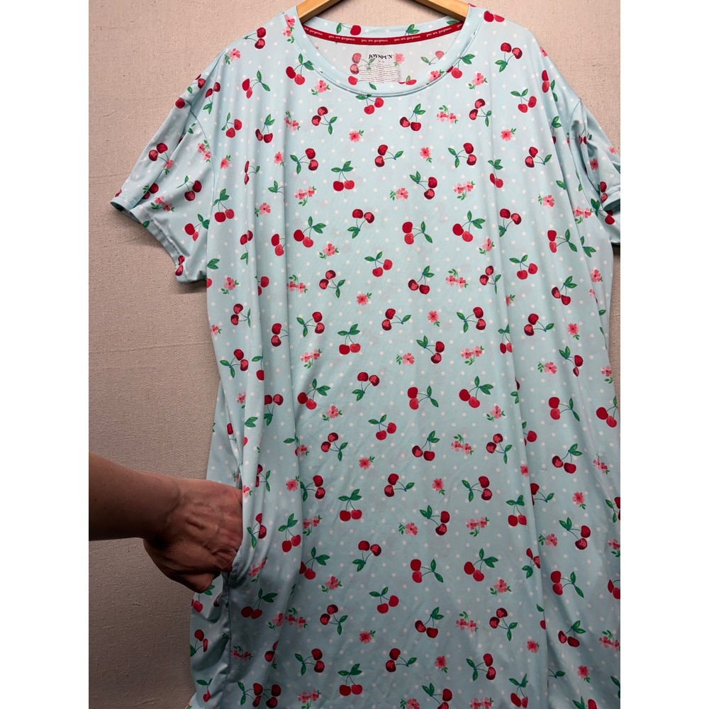 Joyspun Women Plus 2X-3X Cherry Polka Dot Sleep Dress Blue Short Sleeve Pockets - Picture 5 of 9